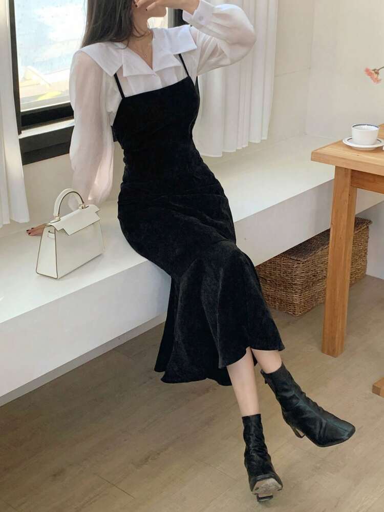 2pcs/Set Women Solid Color Tied Velvet Dress, Black & White, Spring/Summer/Autumn