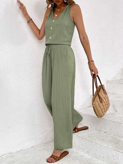 SHEIN Frenchy 2pcs Set Women Solid Color Button Design Camisole And Pants, Solid,Textured Fabrics, Spring/Summer,Sleeveless Tank Top And Loose Trousers Two-Piece Set,Green Casual Christmas