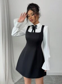 Elenzga 2 件套女士优雅衬衫裙套装 - 黑色 - 查看 3