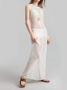 Ontre Robe longue sans manches transparente de couleur unie 2025 pour femmes, style minimaliste décontracté, tenue de villégiature, robe en tricot ajourée, convient pour les vacances dans les îles