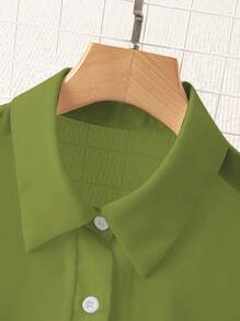 Franclia Áo sơ mi trơn màu cơ bản trong suốt tối giản có cổ bẻ - màu xanh lá - Xem 4