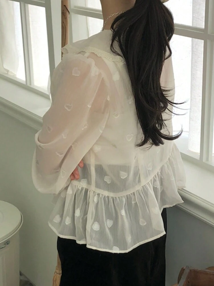 Women's Sheer Mesh Contrast Lace Ruffled Collar Long Sleeve Blouse, Spring/Summer Delicate Lace Cute Tops,Fall Women Clothes