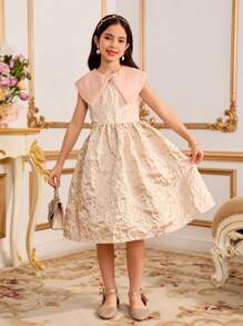 Tween Girls Elegant Champagne Summer Wedding Dress,Sweet Ruffled Trim Plaid Patchwork Color Block Fashion,Comfortable Soft Fabric For Party School - Black and White - View 6