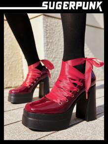 Sugerpunk Satin Ribbon Pointy Toe Patent Leather Platform Pumps, Punk Style Suitable For Daily, Campus, Street, Party Wear - Burgundy - View 2