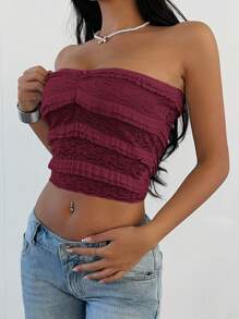Aloruh Áo crop top ren nơ xếp nếp màu trơn lãng mạn thanh lịch mới cho nữ - Màu Đỏ Sâu - Xem 7