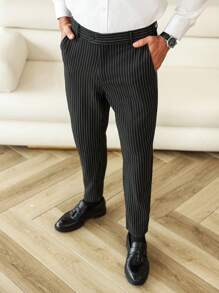 Manfinity Bizformal Men's Front Button Pocket Striped Casual Trousers - Black - View 6