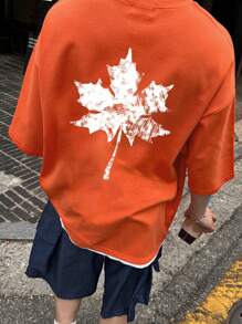 DAZY 夏季男士枫叶印花超大T恤，橙色，图案T恤
