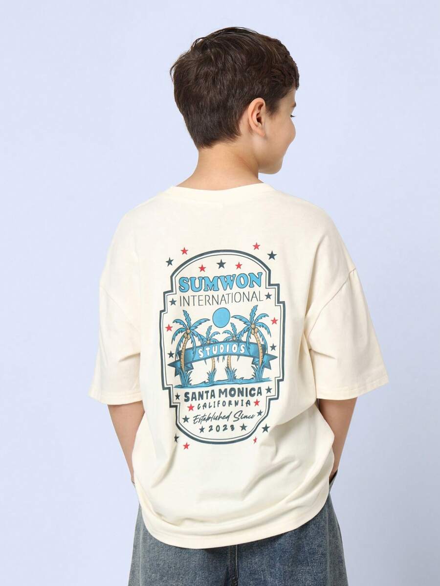 SUMWON 夏日海滩风棉质 T 恤棕榈树工作室图案 T 恤加州系列青年舒适休闲街头服饰现代都市设计