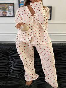 Dazy Plus Plus Size Women Revere Collar All-Over Heart Printed Top & Pants Pajama Set, Suit All Seasons, Fall Winter Clothes - Hot Pink - View 10