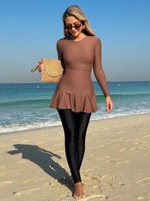 Swim Mulvari Summer Ladies Conservative Solid Color Round Neck Ruffle Trim Long Sleeve T-Shirt And Black Long Pants Swimwear Set - Brown - View 3