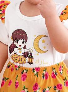 女婴休闲装：白色短袖 T 恤，带月亮和星星印花和裙子套装 - 彩色 - 查看 3