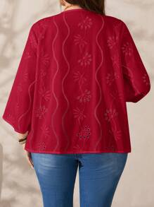 EMERY ROSE Plus Size Women's Casual White Hollow Embroidery Blouse,Fall Clothes,Spring - Burgundy - View 2