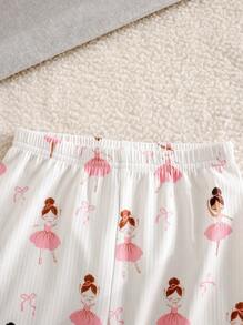 女婴卡通印花荷叶边圆领短袖上衣和裤子柔软亲肤睡衣套装，2 件 - 淺粉色 - 查看 4