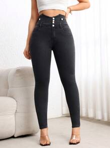 SHEIN LUNE Women's Simple Front Button Pocket Jeans, Casual Daily Wear - Black - View 3