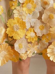 Anewsta New Spring/Summer Women Urban Elegant Mesh Embroidered Jacquard Midi Dress, Suitable For Valentine's Day, Date Night, Vacation Outfits - Yellow - View 4