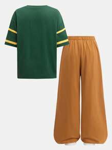 SHEIN Tween Girls Casual Loose Sports Letter Graphic V-Neck Short Sleeve Tee And Cargo Pants 2 Pieces Set - Multicolor - View 2
