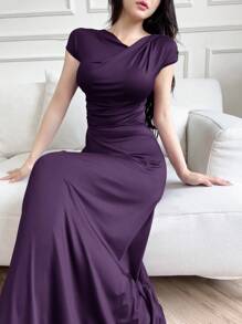 Modelyn 女士纯色短袖休闲修身优雅长款紫色连衣裙长款晚礼服 - 紫羅蘭色 - 查看 7