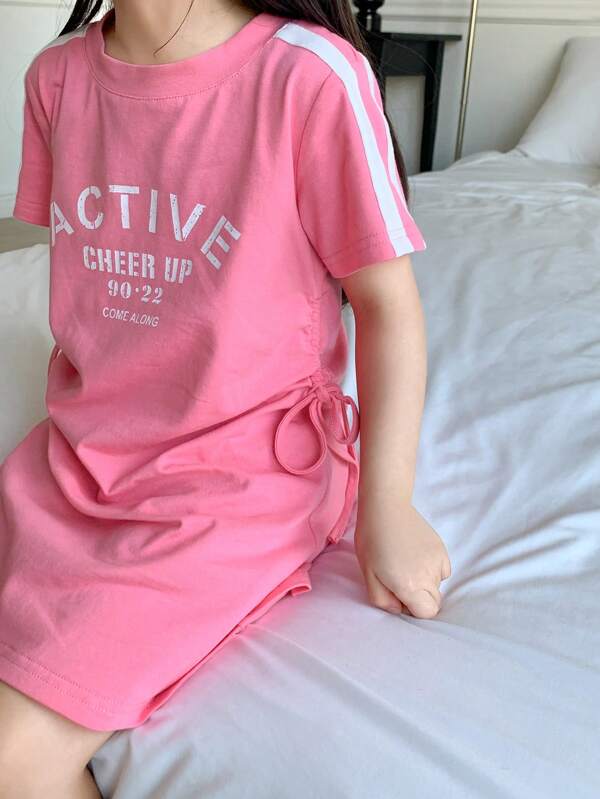 Dazy Kids Young Girl Round Neck Short Sleeve Solid Color Splicing Letter Print Casual Dress,Girls Summer Outfits