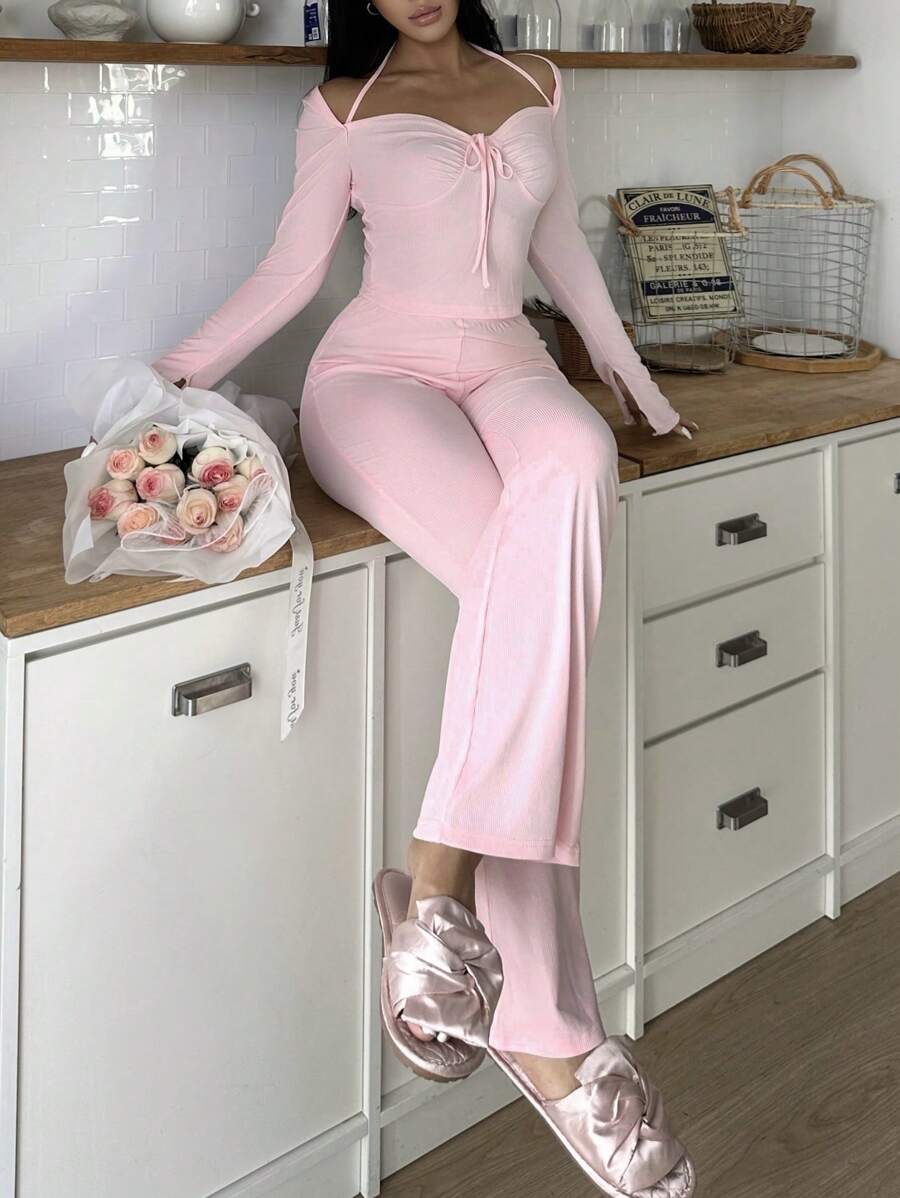Miss Vinta Y2K Style Women Valentine's Day Casual Lounge Set Outfit Cozy And Elegant Details, Fall Winter Clothes - Baby Pink - View 1