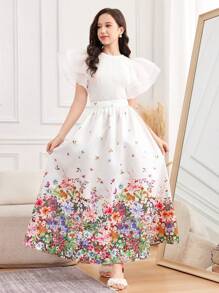 SHEIN 2pcs/Set Elegant Knit Jacquard Splice Mesh Ruffle Sleeve Casual T-Shirt And Woven Printed Skirt, For Teen Girls Spring/Summer, Festival, Party - White - View 4