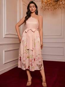SHEIN VCAY Plus Size Vacation Romantic Sexy Asymmetrical Shoulder Big Bow Vintage Placement Print Long Dress.Valentine, Casual Picnic Party,Monet Garden - Pink - View 3