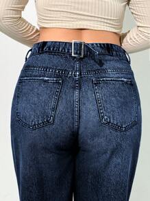 RueChic Plus Mid Waist Belt Detailed Straight Jean - Medium Wash - View 7