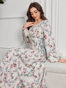 Al Najma Váy dài tay ren in họa tiết hoa toàn thân theo phong cách Ả Rập, váy kaftan maxi chữ A thanh lịch giản dị Jalabiya Ả Rập, dành cho tiệc tối/khách dự tiệc cưới/kỷ niệm - Đỏ - Xem 5