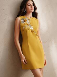 Anewsta Luxury Sleeveless Yellow Heavily Sequins & Embroidered Floral Dress For Women, Spring/Summer Outfit - Yellow - View 7