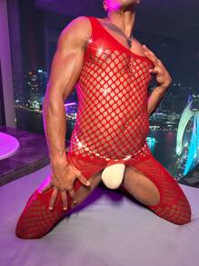 DrisQ 男士性感镂空开裆连体袜、贴身袜 - 紅色 - 查看 2