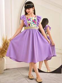 SHEIN Leap Crew Tween Girls Casual Vacation Floral Patchwork Webbing Decor Cap Sleeve Mid-Length Woven Dress - Mauve Purple - View 5