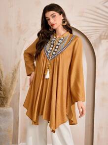 Al Najma Modest Casual Pattern Fringe Trim Arabic Style Top For Women - Yellow - View 3