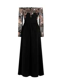 Ellevyn Sequin Off Shoulder Cinched Waist Slit Dress For Women,Valentines Clothes - Black - View 5