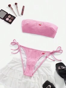 SHEIN Swim 夏季女士可爱樱桃图案抹胸比基尼套装 - 粉色 - 查看 6