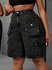 SHEIN SXY Plus Size Women's Cargo Pocket Loose Denim Shorts - Black - View 3