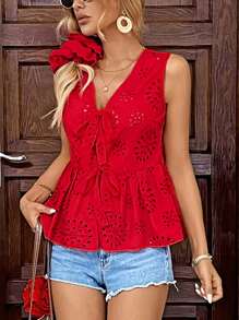 Pariaura 女士法式休闲V领镂空花卉蕾丝蝴蝶结无袖衬衫（红色） - 紅色 - 查看 4
