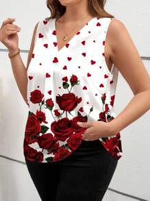 Reflora 大码女式夏季花卉和心形印花 V 领无袖衬衫情人节