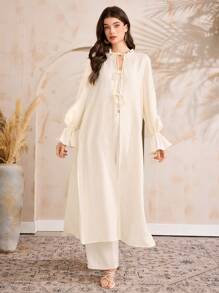 Al Najma Áo thun nữ tay dài thắt nơ phía trước đơn giản ren phong cách Ả Rập - Màu be - Xem 3