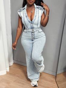 SHEIN Slayr Women's Front Button Sleeveless Pocket Casual Denim Jumpsuit - Light Wash - View 3