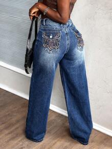 SHEIN Slayr Women's Front Button Pocket Embroidered Casual Jeans - Blue - View 7