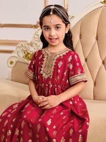 Young Girl Round Neck Short Sleeve Simple Elegant Dress - White - View 4