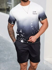 Manfinity Homme Plus Size Men's Round Neck Short Sleeve Letter Print Casual Top And Shorts Set