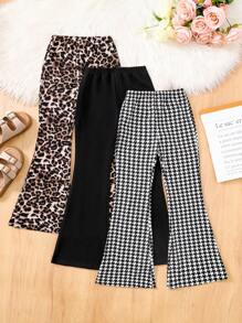 SHEIN Leap Crew 3pcs Set Tween Girls Knit Solid Plaid Leopard Pattern Solid Palazzo Pants - Khaki - View 2