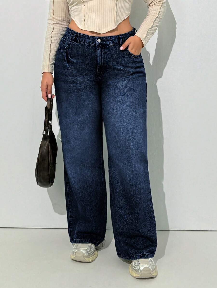 RueChic Plus Mid Waist Belt Detailed Straight Jean - Medium Wash - View 1