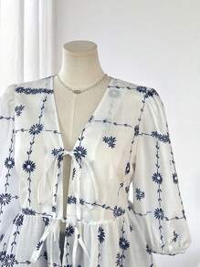 Flirla Plus Size Women's Tie Front Loose Long Sleeve Casual Shirt - Multicolor - View 4