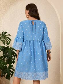 EMERY ROSE Plus Size Women Embroidered Trim Round Neck Light Blue Dress,Boho Vacation Holiday Summer Outfits,Casual Blue And White Autumn St Patrick Day Clothing - Blue and White - View 5