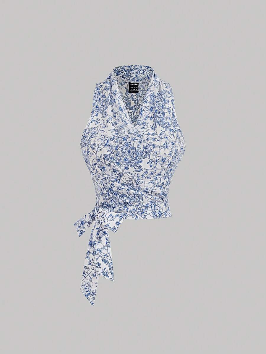 SHEIN MOD Plus Size Women Wrap Bow Print Relaxed Top,Crop Tops,Going Out Tops,Tube Top,Summer Tops,Basic Tops,Bow Top - Blue and White - View 1