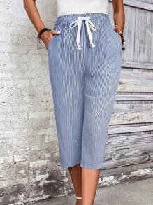 SHEIN LUNE 女士休闲条纹七分裤，简约时尚休闲日常夏季穿搭，乡村波西米亚风，休闲百搭 - 藍白色 - 查看 5