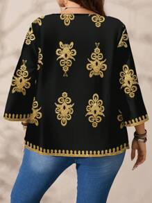 EMERY ROSE Plus Size Women Floral Print Casual Loose Fit Round Neck 3/4 Sleeve Blouse, Autumn/Winter