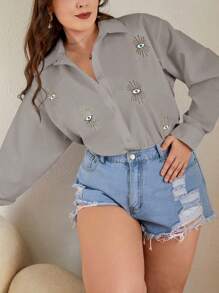 EURMUSE Camisa de manga caída con estampado de ojo de talla grande de algodón - Gris - Ver 6