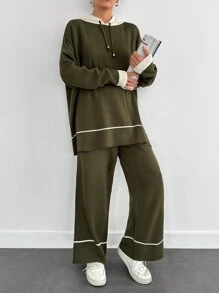 EURMUSE 2pcs Women Solid Color Patchwork Long Sleeve Hoodie Sweatshirt & Pants Suit - Army Green - View 4